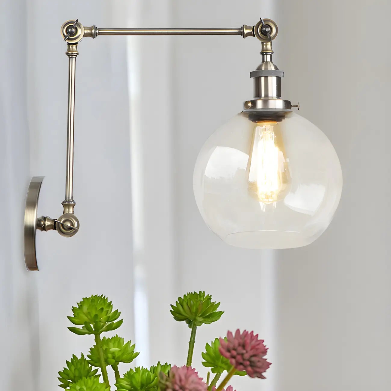 Vintage Brass Clear Glass Globe Swing Arm Wall Light