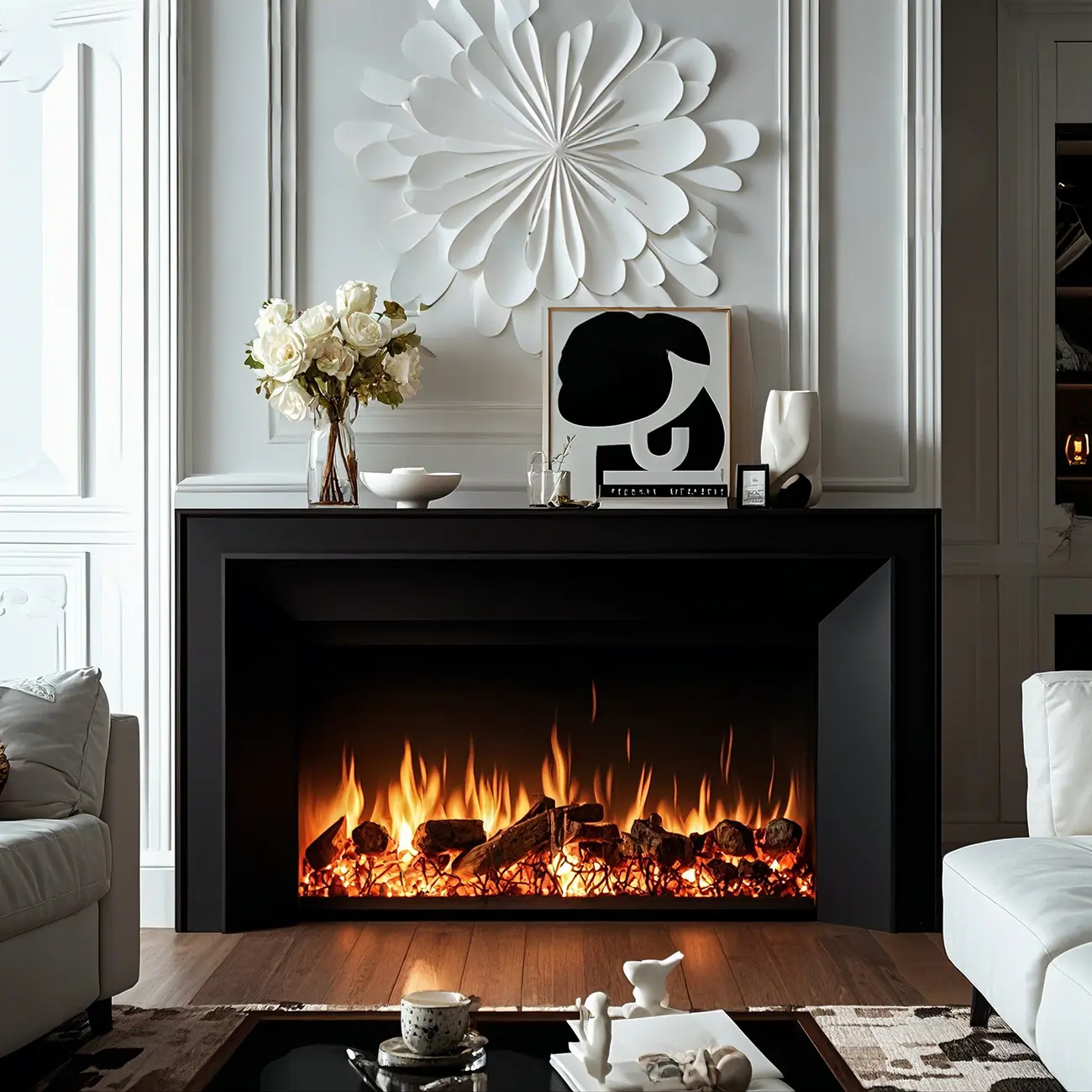 Rectangle White Solid Wood TV Stand with Fireplace & Lights