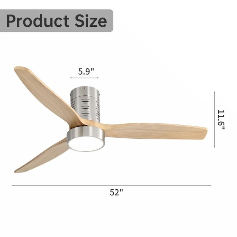 52 Inch Flush Mount Ceiling Fan With Dimmable Light 6 Speed Remote Control 3 Solid Wood Blade Ceiling Fan