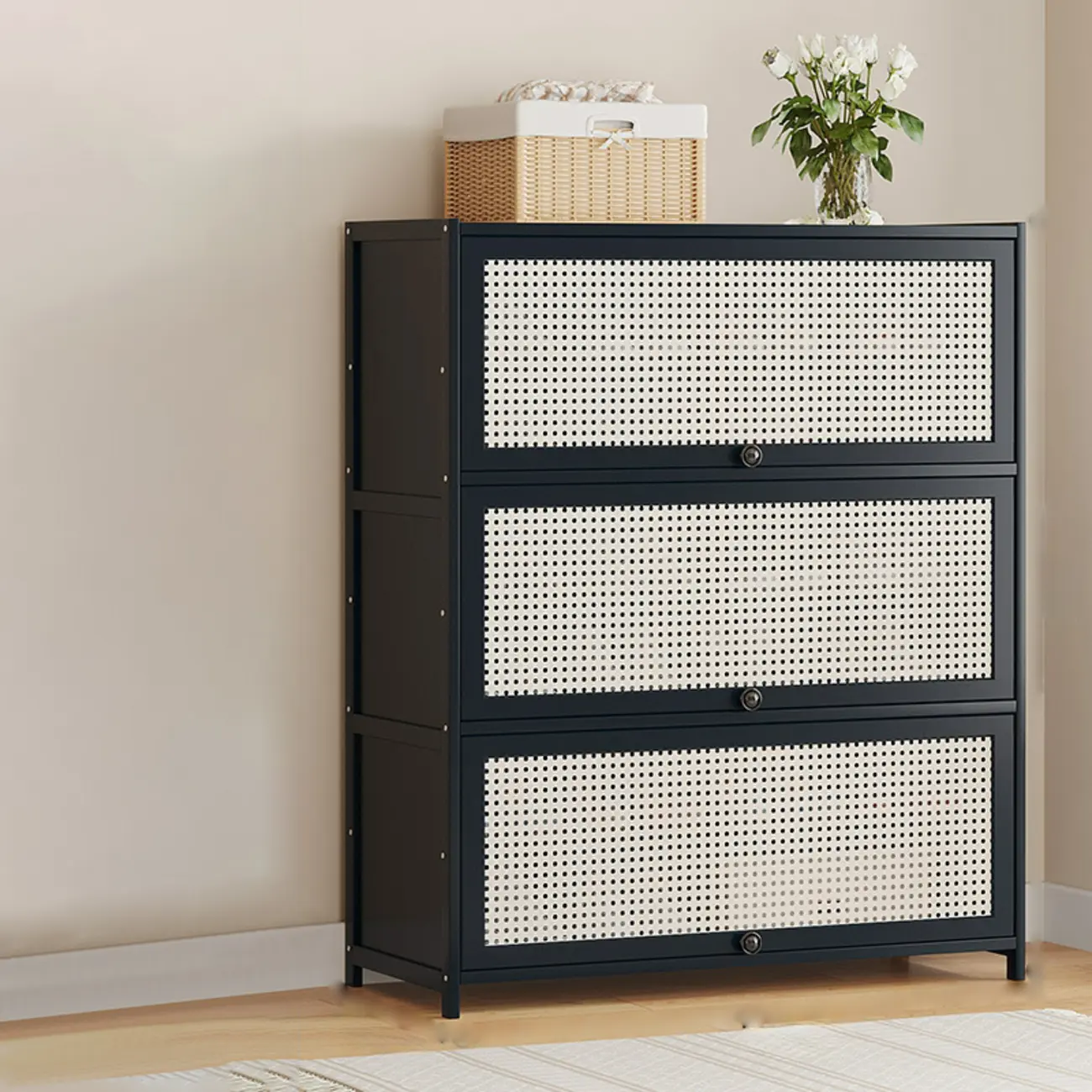 Modern Black Bamboo Shoe Cabinet with Rattan Panels