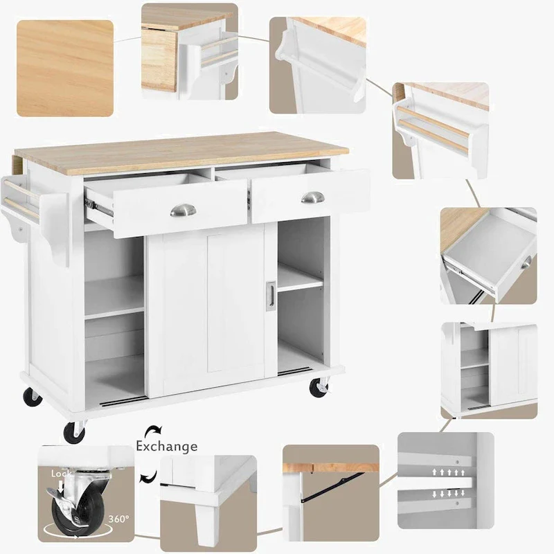 Kitchen Cart with Rubber wood Drop-Leaf Countertop