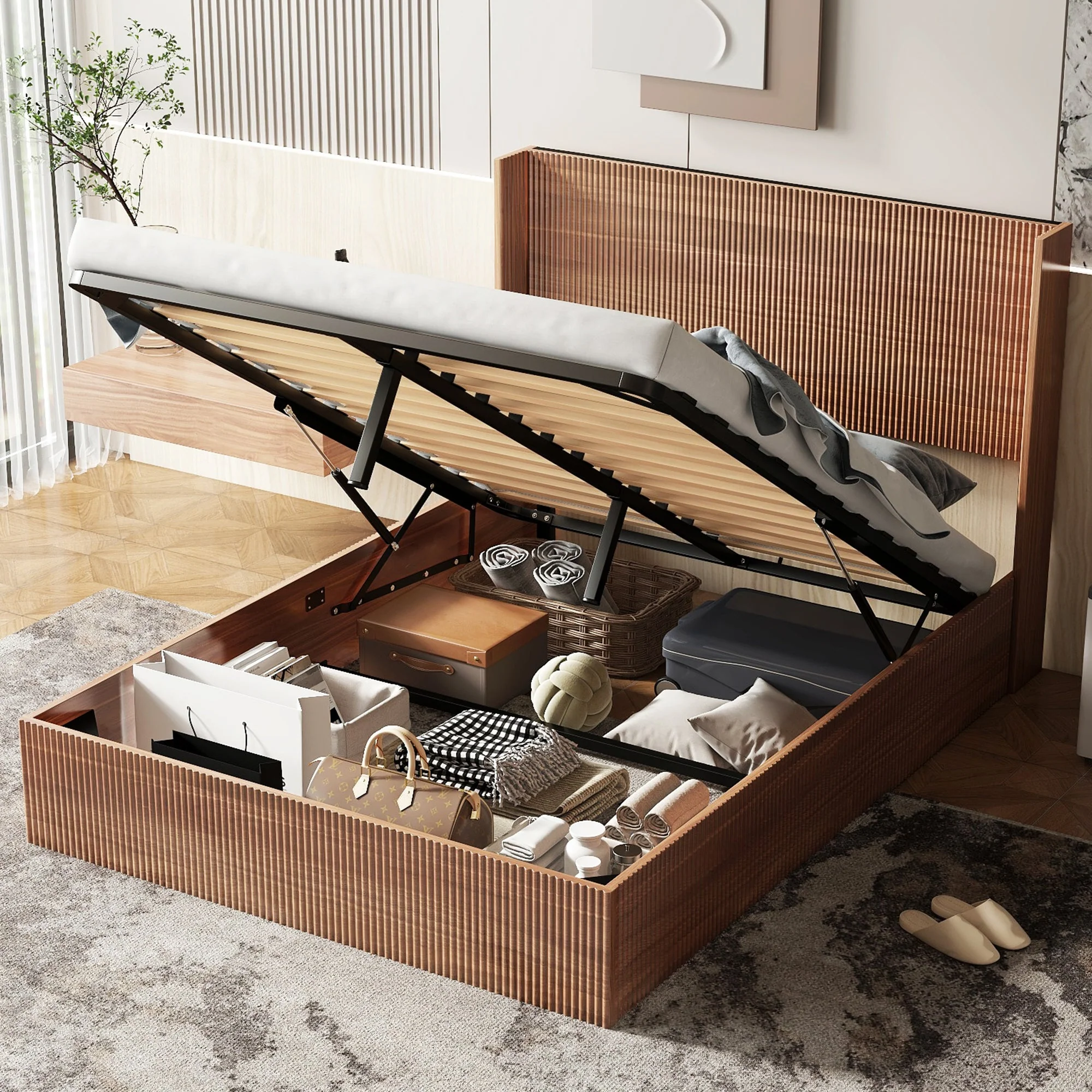 Walker Edison | Queen Modern Grooved Undulating Lift Storage Bedframe