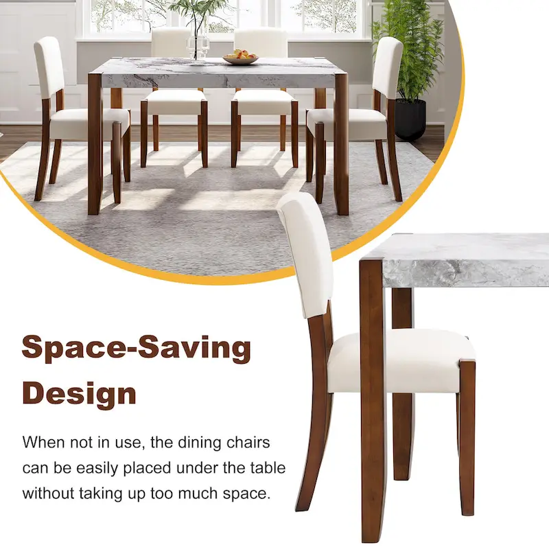 5 Piece Dining Table Set, 4 People Kitchen Dining Room Set with Faux Marble Style Table and 4 Upholstered Chairs