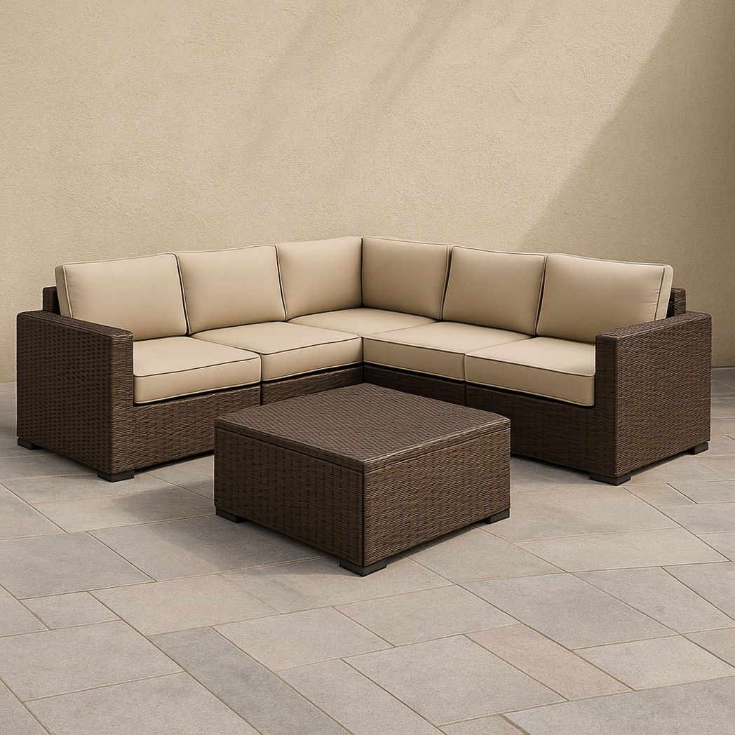 Ensemble de mobilier d'extérieur en résine tressée avec canapé d'angle et table basse, structure en acier galvanisé, Beige/Marron