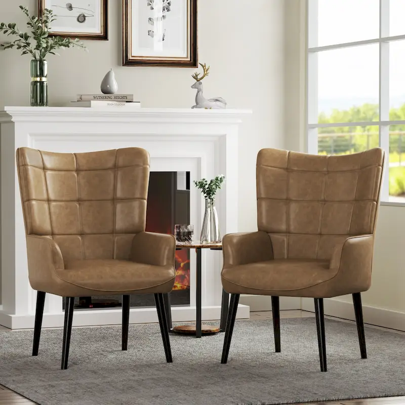 High-back Tufted Accent Chair Set of 2 Cream/ Brown/ Taupe