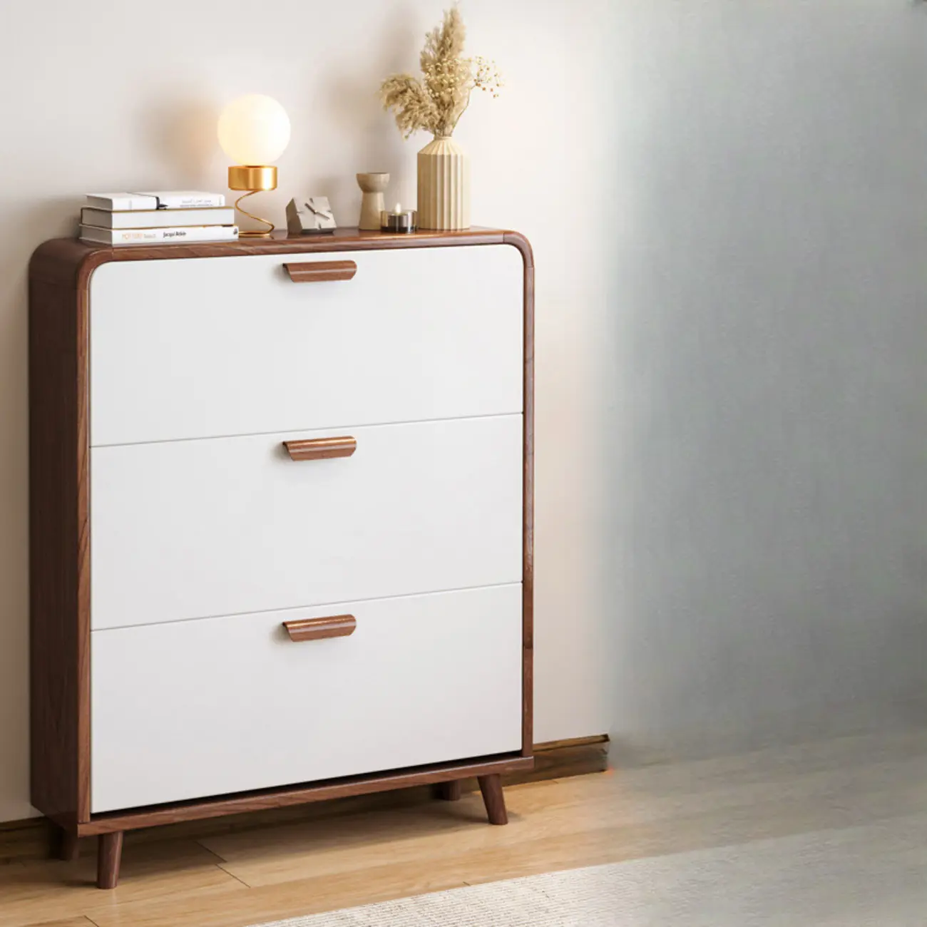 Traditional Hidden Adjustable 3 Tiers Solid Wood Shoe Cabinet