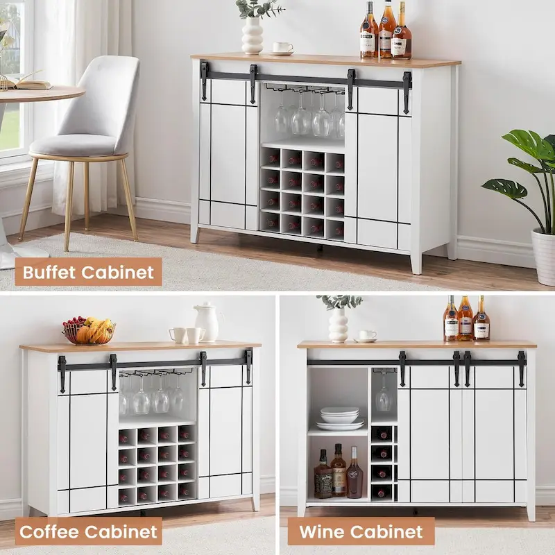 Farmhouse 47 Wine Bar Cabinet Buffet Sideboard Cabinet with 16 Bottle Wine Rack - 15.7D x 47.2W x 34.61H