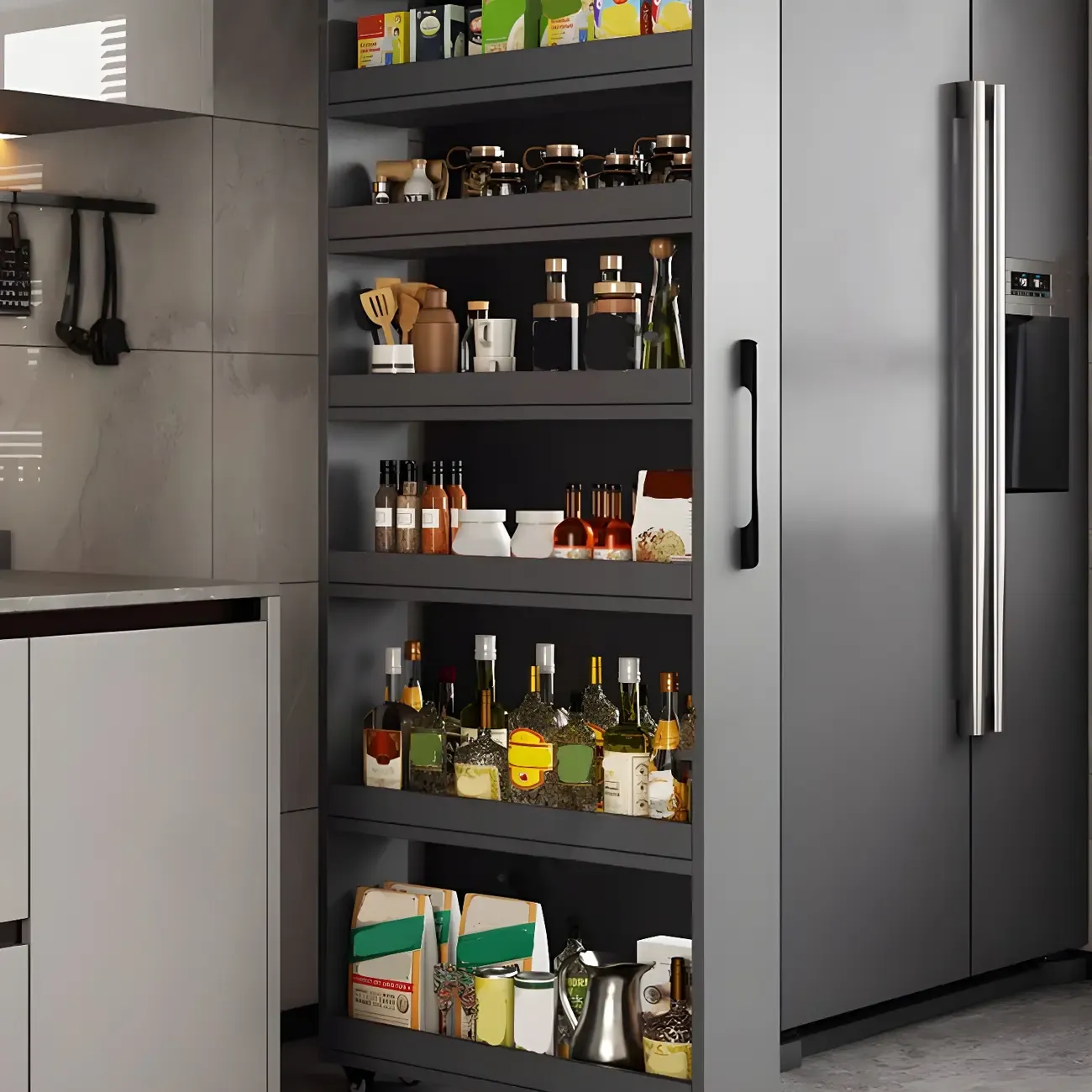 Modern Wooden Buffet Table with Open Shelves and Caster