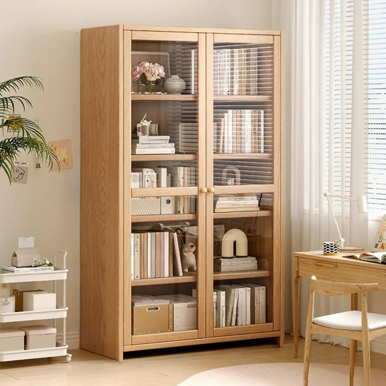 Natural Wood 5-Tier Cabinet Vertical Bookcase with Doors