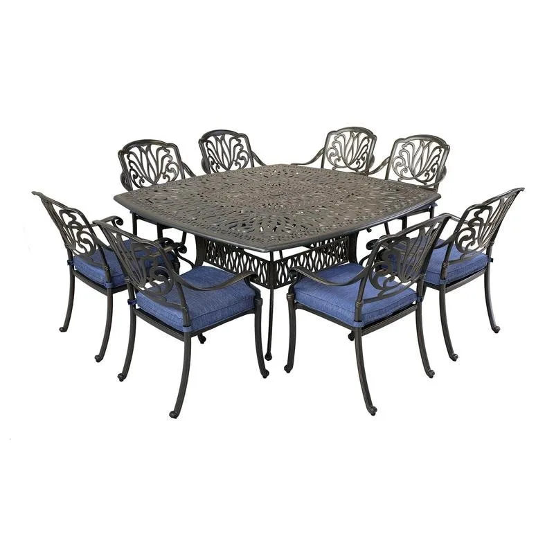 Saratoga 9-piece Gun Metal Aluminum Square Dining Set with 8 Cushioned Arm Dining Chairs