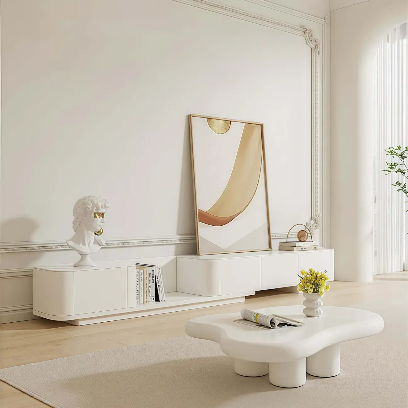 Extendable Modern Wooden White TV cabinet with Drawers