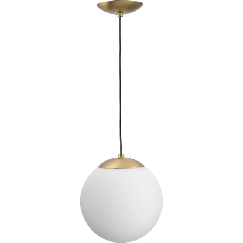 Atwell Collection Brushed Bronze and Opal Glass Globe Medium Hanging Pendant Light - 10 in x 10 in x 10.5 in