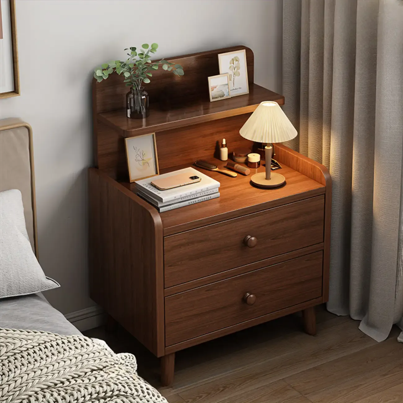 Modern Wooden Three-layer Bedside Table with Lamp Shelf