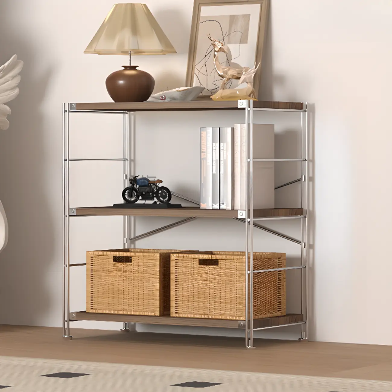 Modern Metal Leaning Bookshelf Brown Wooden Etagere