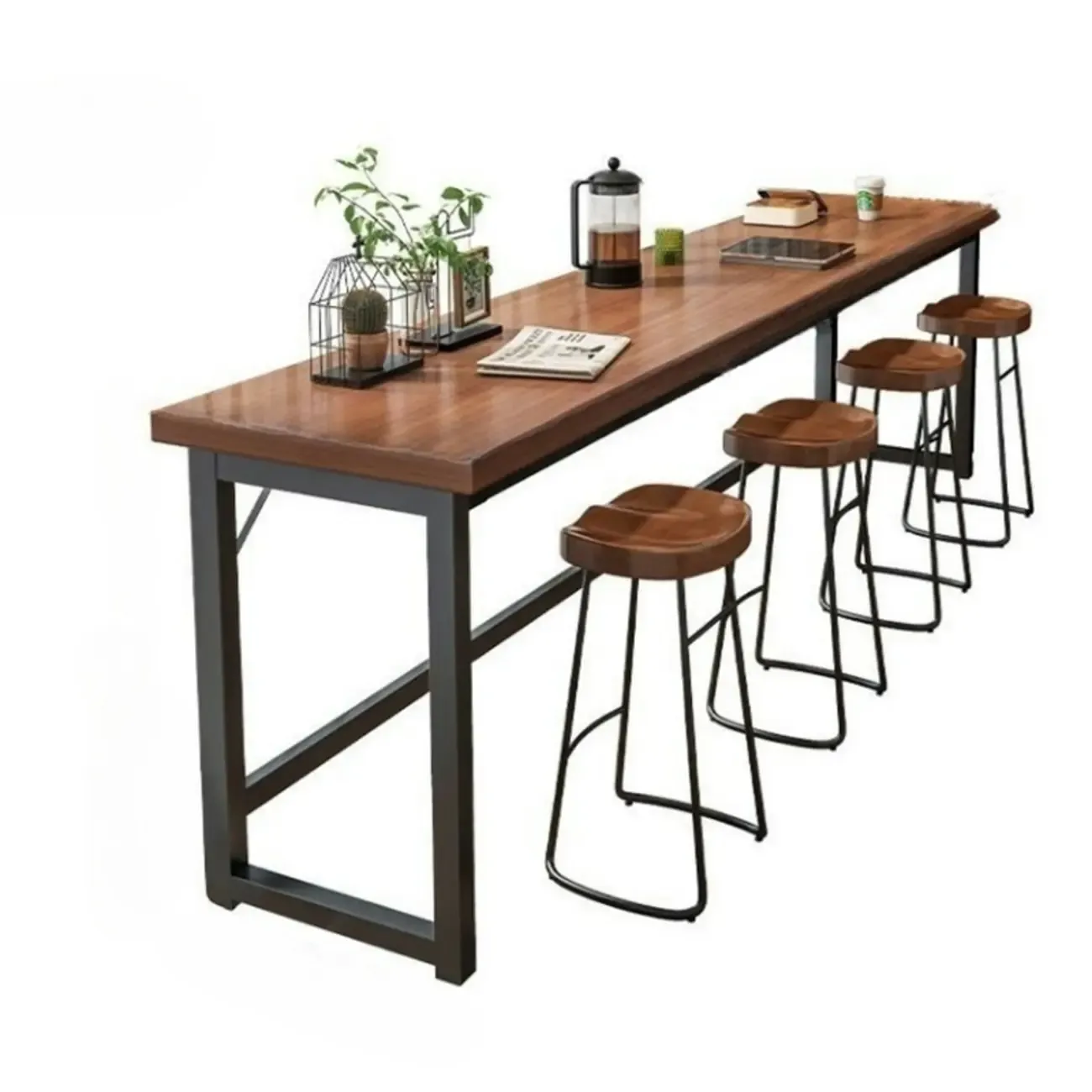Modern Brown Wooden Metal Frame Fixed Top Bar Tables