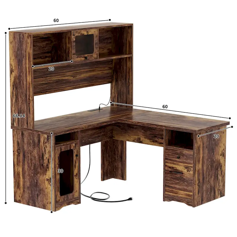 L-shaped Executive Desk Office Computer Table with Top Hutch and Charge Station