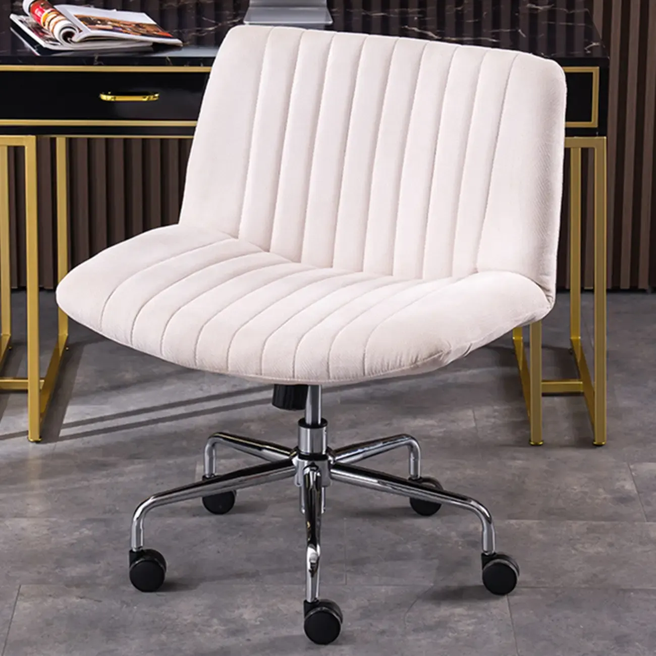 Elegant Gray Linen Upholstered Swivel Office Chair
