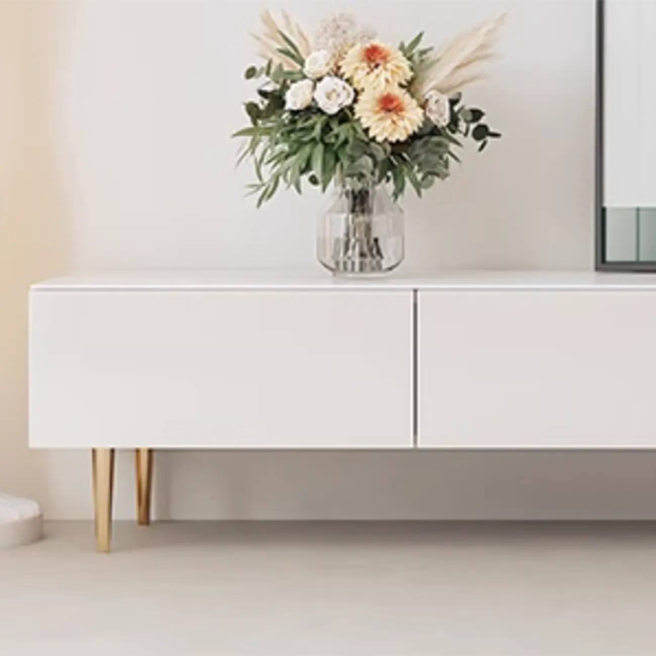 White Stone Cable Management Drawers TV Stand with Legs