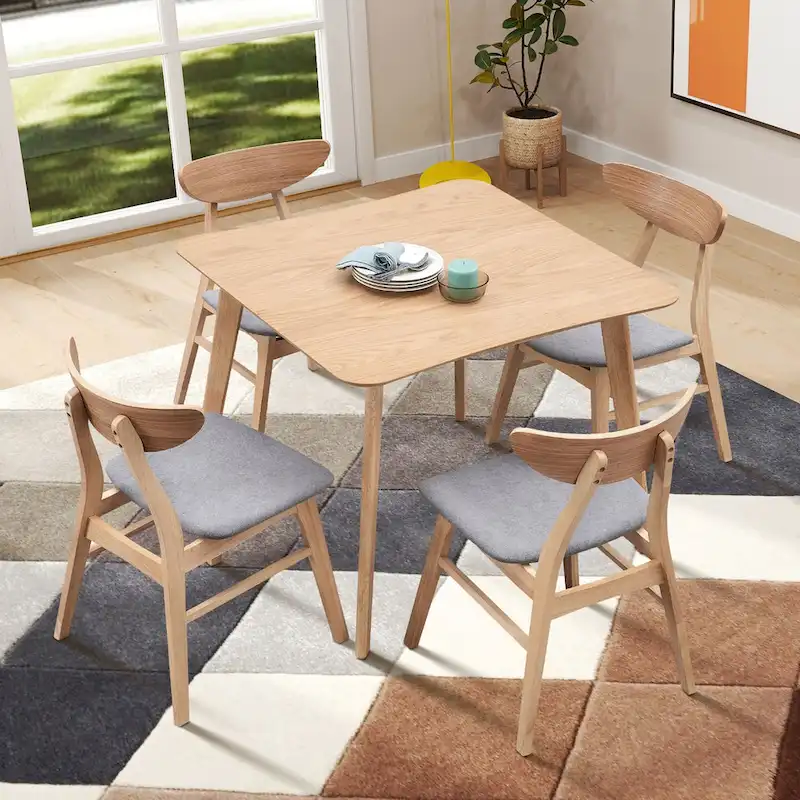 Wood Dining Table Set for 4, 5 Piece Kitchen Dining Table Set with Square Dining Table and 4 Fabric Upholstered Chairs