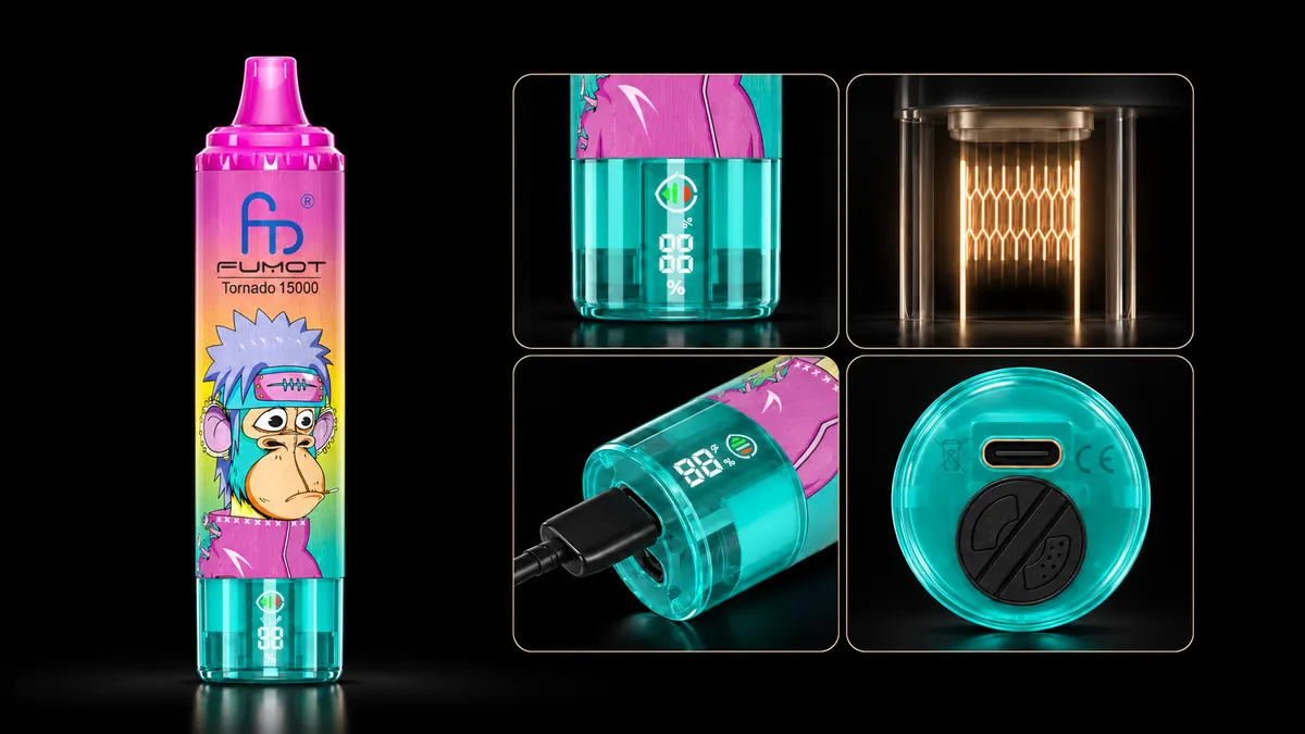 FUMOT Tornado 15000 Strawberry Ice – Detailansichten von Display, Heizsystem, USB-C-Anschluss und Luftregulierung