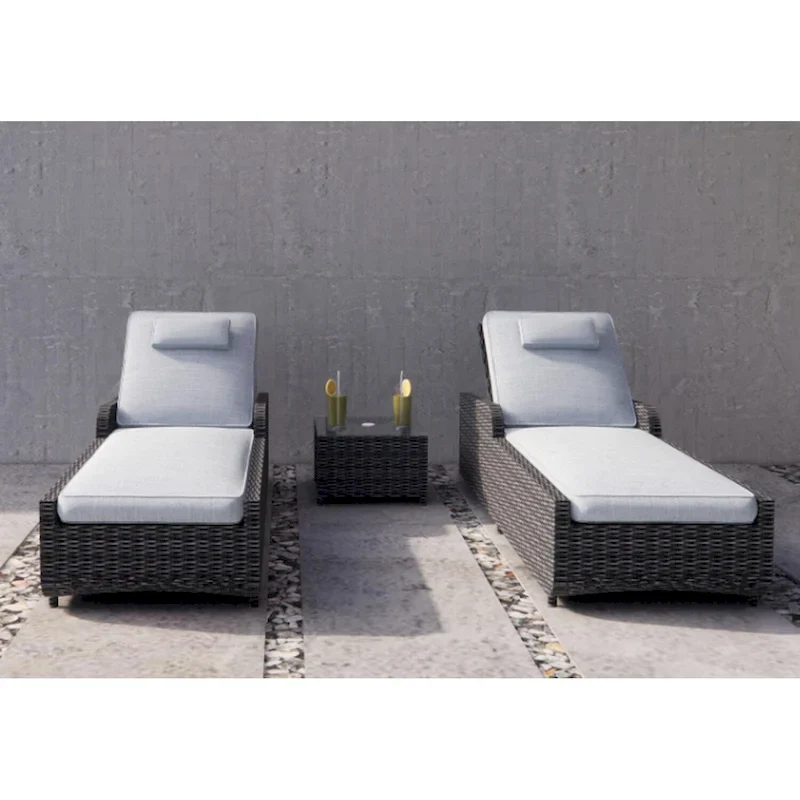 3-Pieces Outdoor Aluminum Adjustable Wicker Chaise Lounge Set