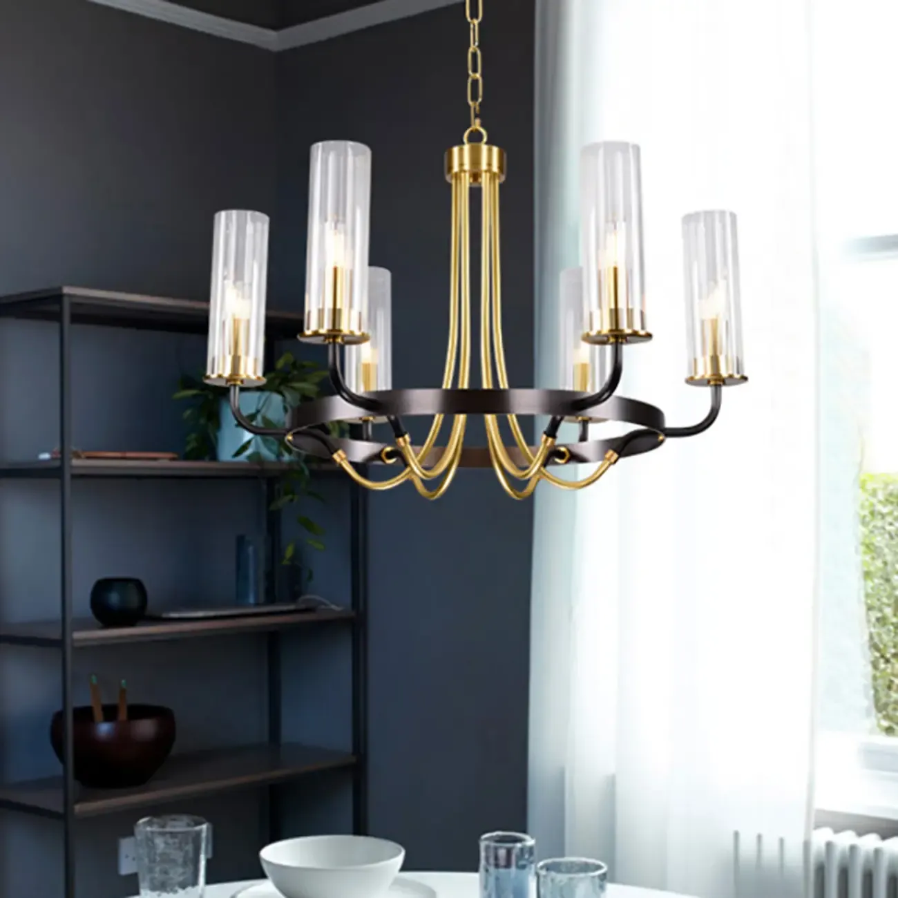 Modern Circle Black Gold Clear Glass Shade Chandelier