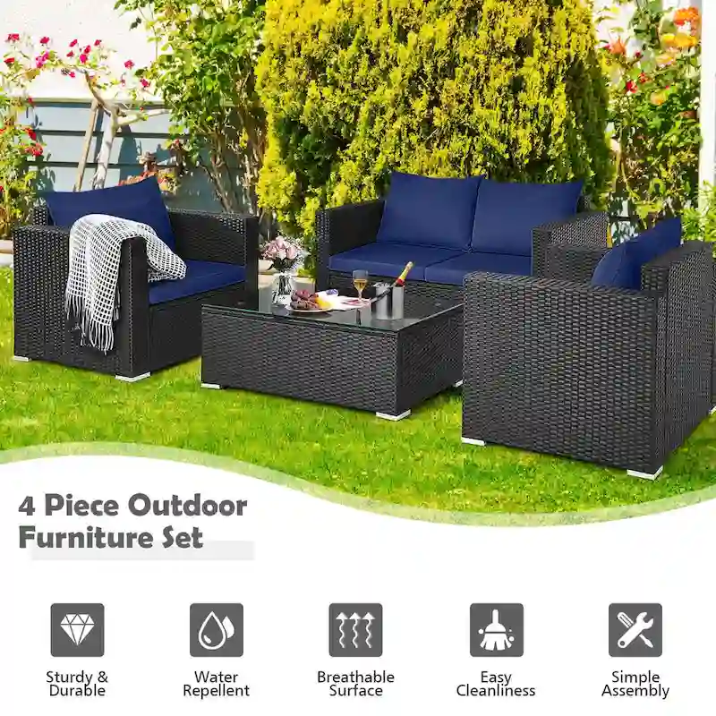 Costway 4 PCS Patio Rattan Furniture Set Cushioned Sofa Chair Coffee - See Description