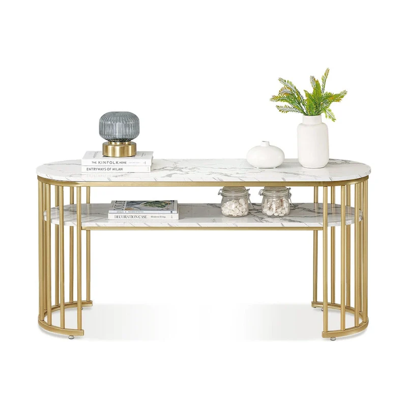 Ivinta White Sofa Table, Modern Faux Marble Top, Console Table with Gold Metal Frame
