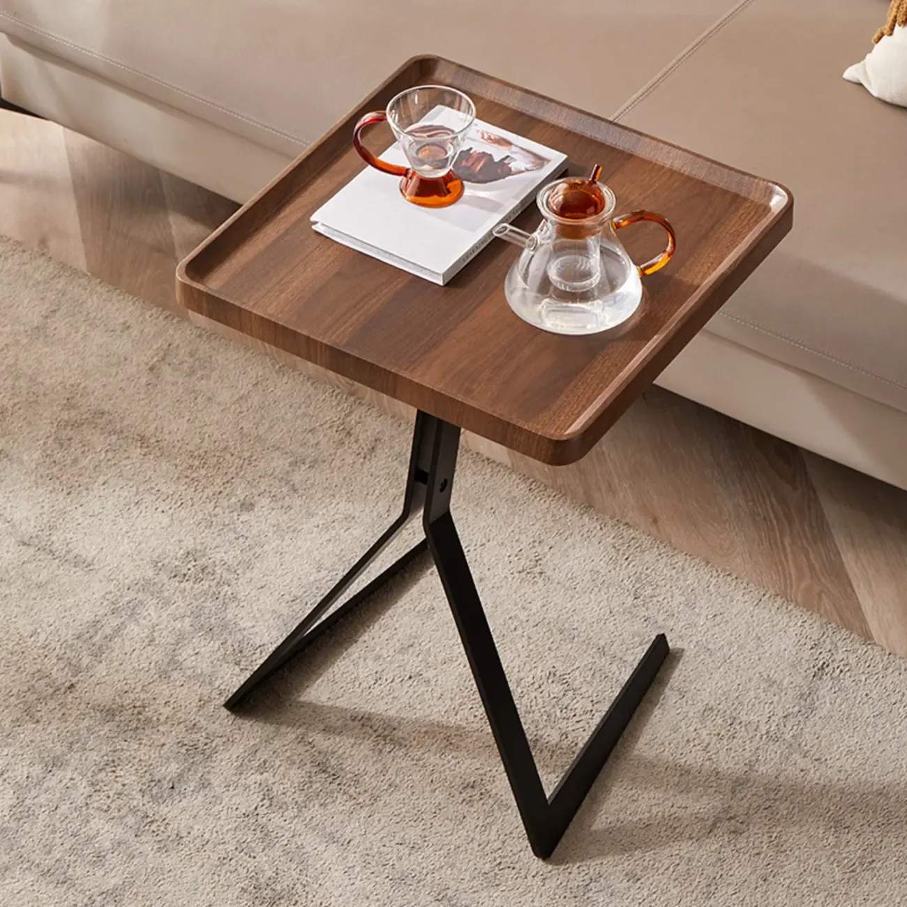 C-Shpaed Brown Wood Round Side Table with Metal Legs