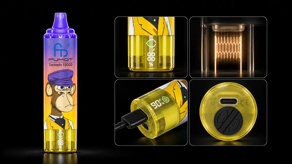 FUMOT Tornado 15000 Mango On Ice – Detailansichten von Display, Heizsystem, USB-C-Anschluss und Luftregulierung