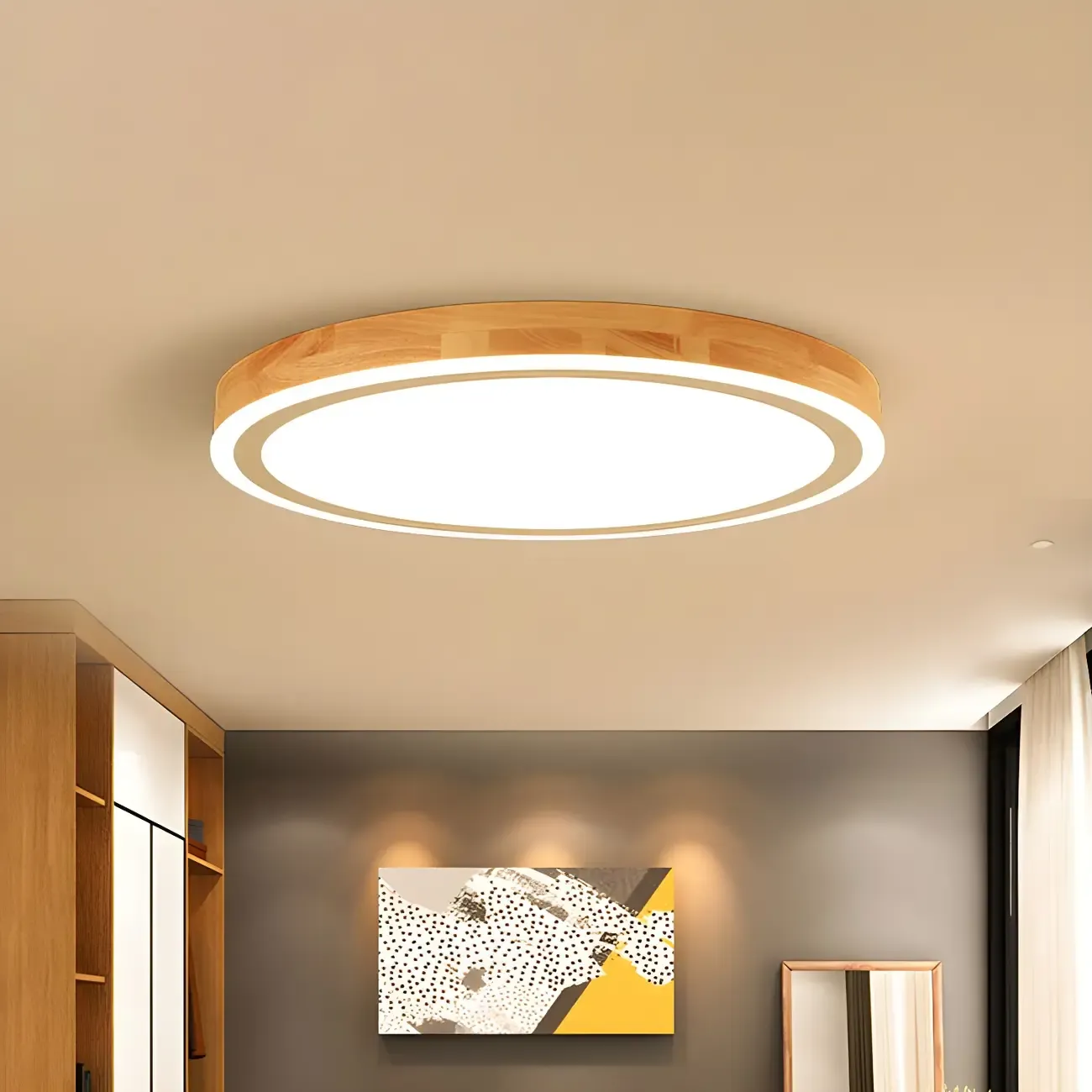 Contemporary Natural Wood LED Flush Ceiling Light