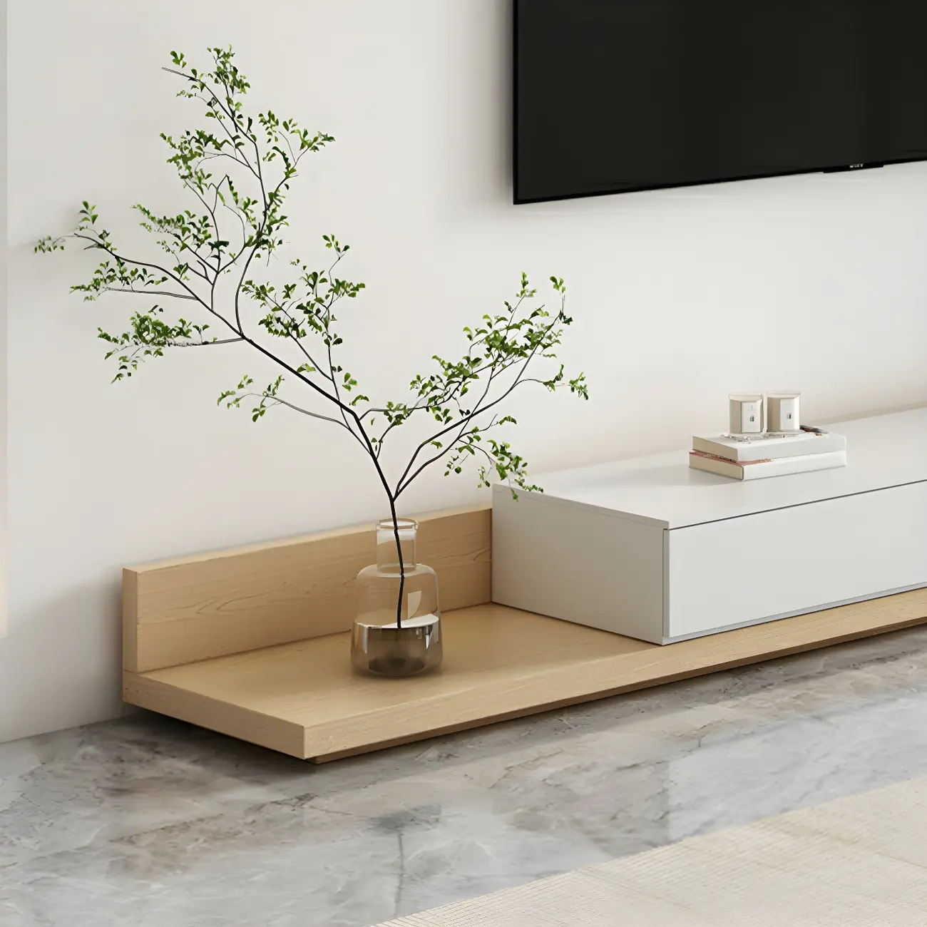 Natural Modern Long Wood Extended Shelf TV Stand with Drawer