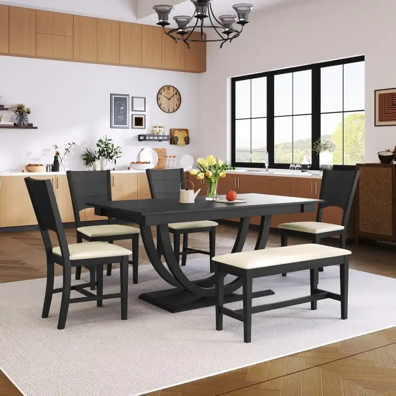 6-Piece Wood Half Round Dining Table Set Kitchen Table Set with Long Bench and 4 Dining Chairs, Modern Style
