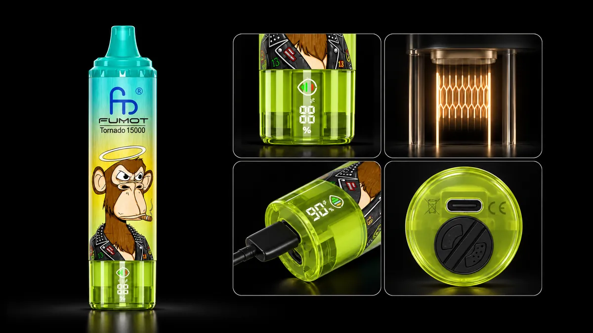 FUMOT Tornado 15000 Green Apple Citrus Menthol – Detailansichten von Display, Heizsystem, USB-C-Anschluss und Luftregulierung
