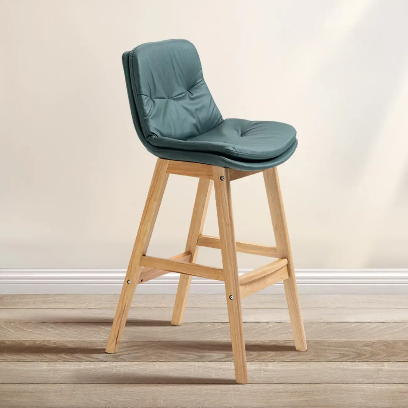 Scandinavian Wood Frame Leather Ergonomic Bucket Bar Stool