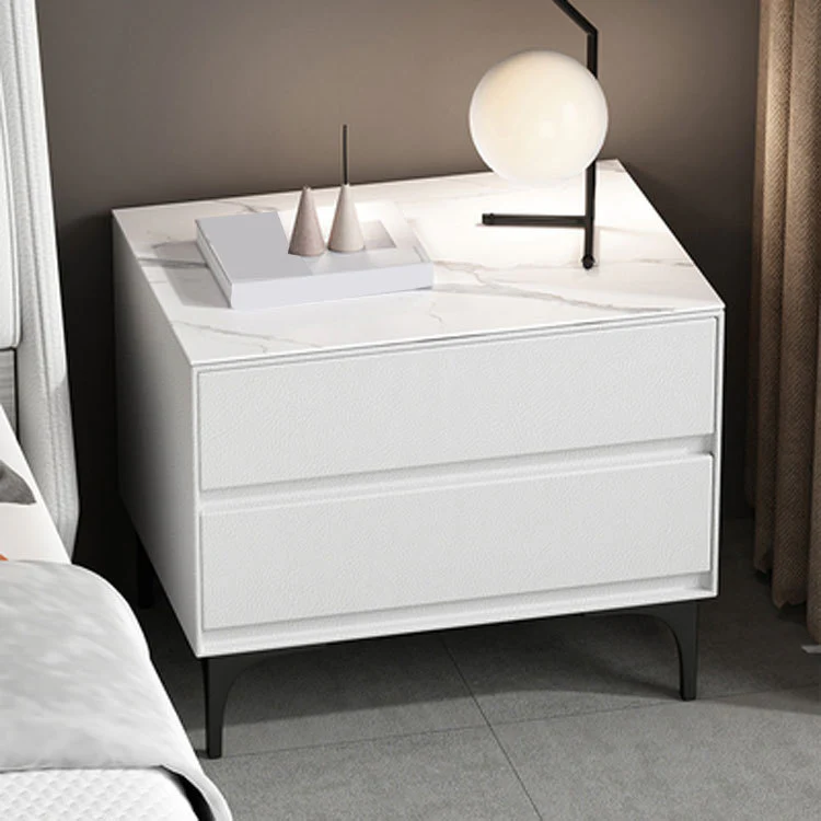Modern Stone Top Faux Leather 2-Drawer Nightstand