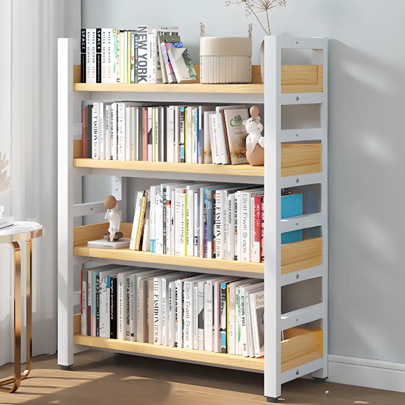 Freestanding Simple Multi-Layer Wood Bookshelf in Steel Frame
