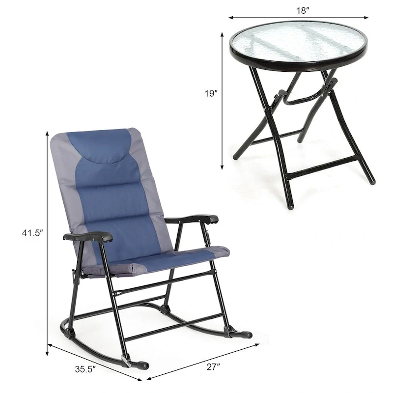 Costway 3PCS Folding Bistro Set Rocking Chair Cushioned Table Garden