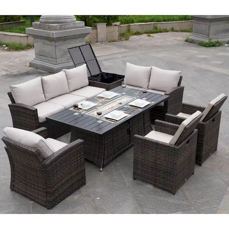 Patio Rattan Sofa Set with Alum Dining Table and Chairs