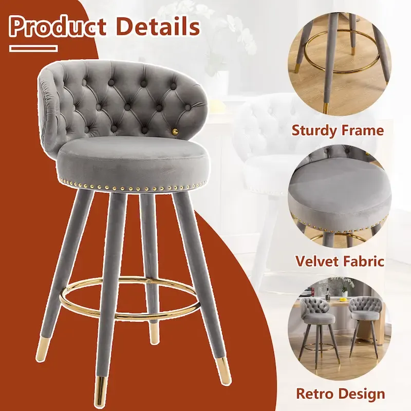 Velvet Upholstered 360 Degree Swivel Tufted Bar Stools with Golden Footrest(set of 2)