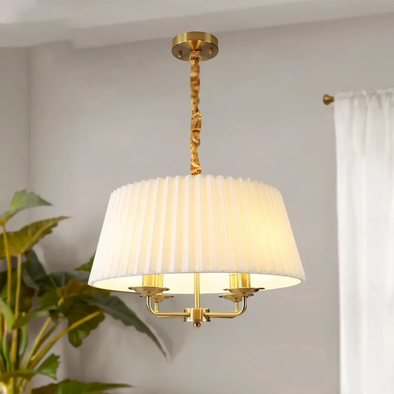Modern Gold White Pleated Drum Chandelier Adjustable Height