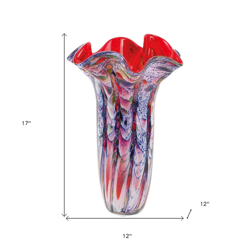 HomeRoots 17  Blue Red And White Abstract Wavy Murano Glass Table Vase