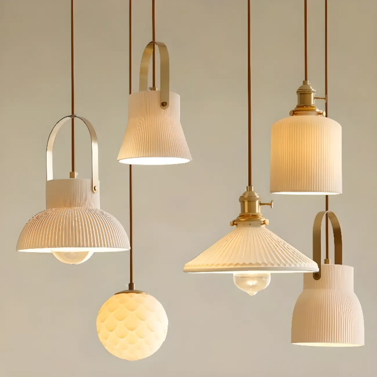 Modern Gold Metal Ribbed White Ceramic Pendant Light