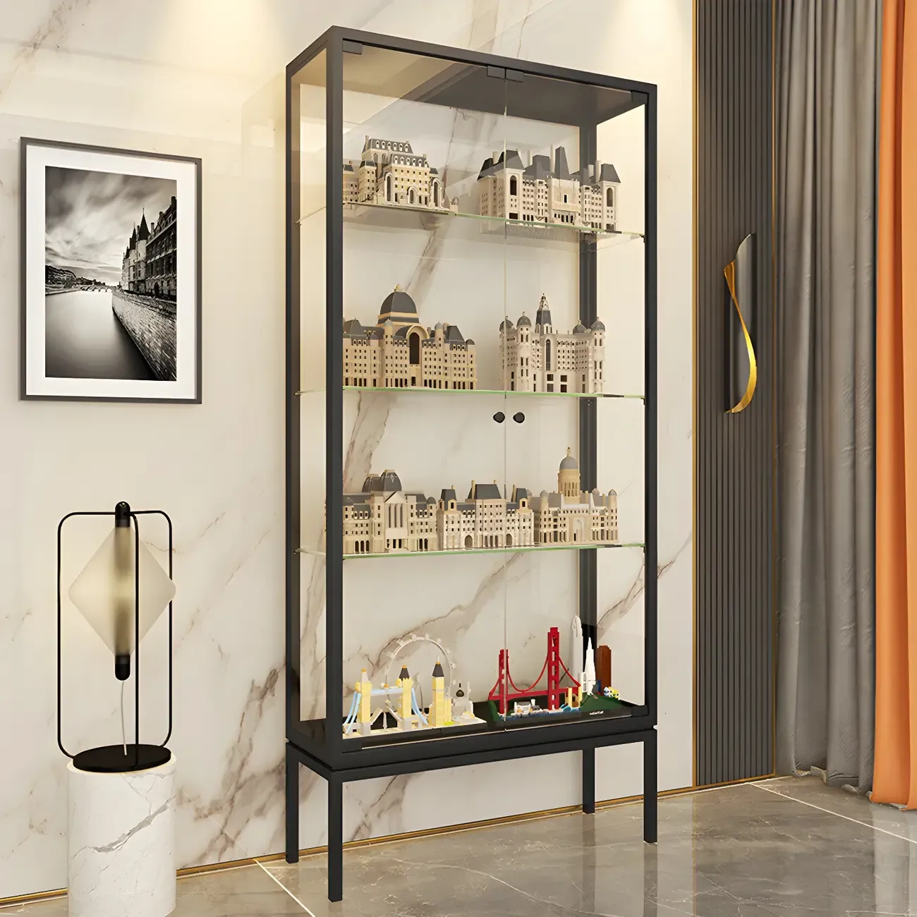 Glam Clear Glass Shelf Black Metal Frame Curio Cabinet
