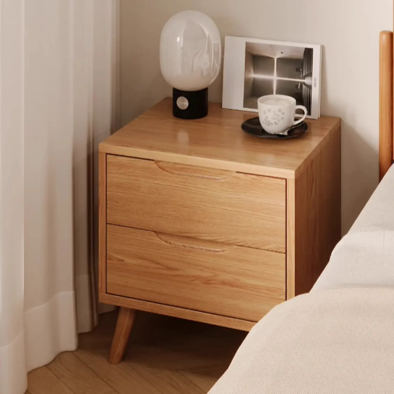 Traditional Wooden Nut-Brown Bedside Double Drawer Nightstand