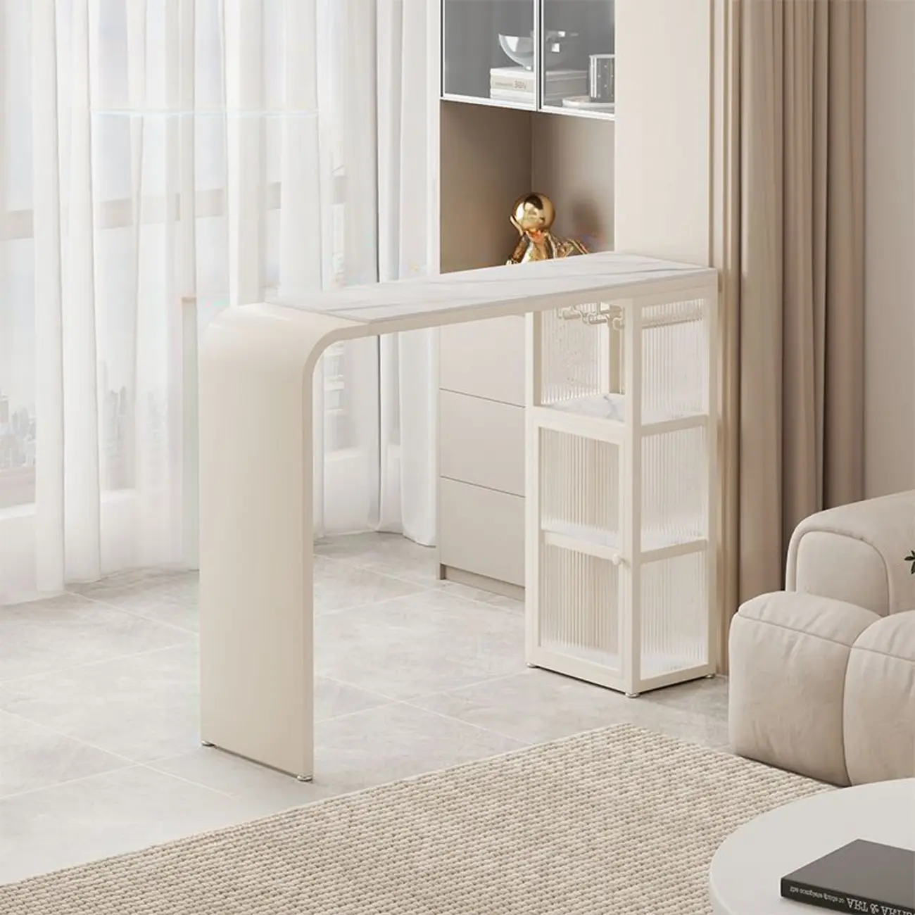 Nordic White Stone Sleek Bar Table with Glass Cabinet