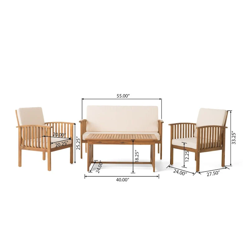 4-Piece Wood Patio Conversation Set with Acacia Wood Table and Cushions