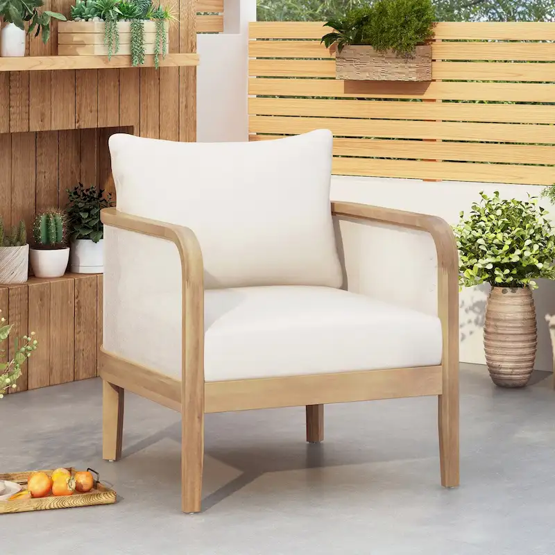 Outdoor Acacia Wood Patio Club Chair, Textilene Patio Furniture,Waterproof Thick Cushion Deep Seating for Porch, Garden