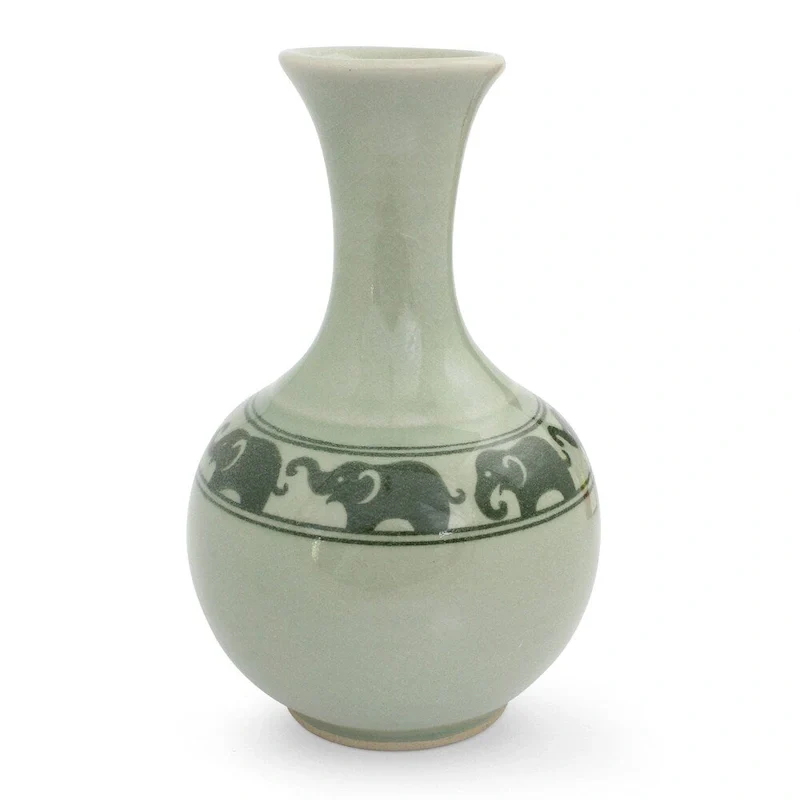 Handmade Green Prancing Elephants Celadon Ceramic Vase (Thailand)