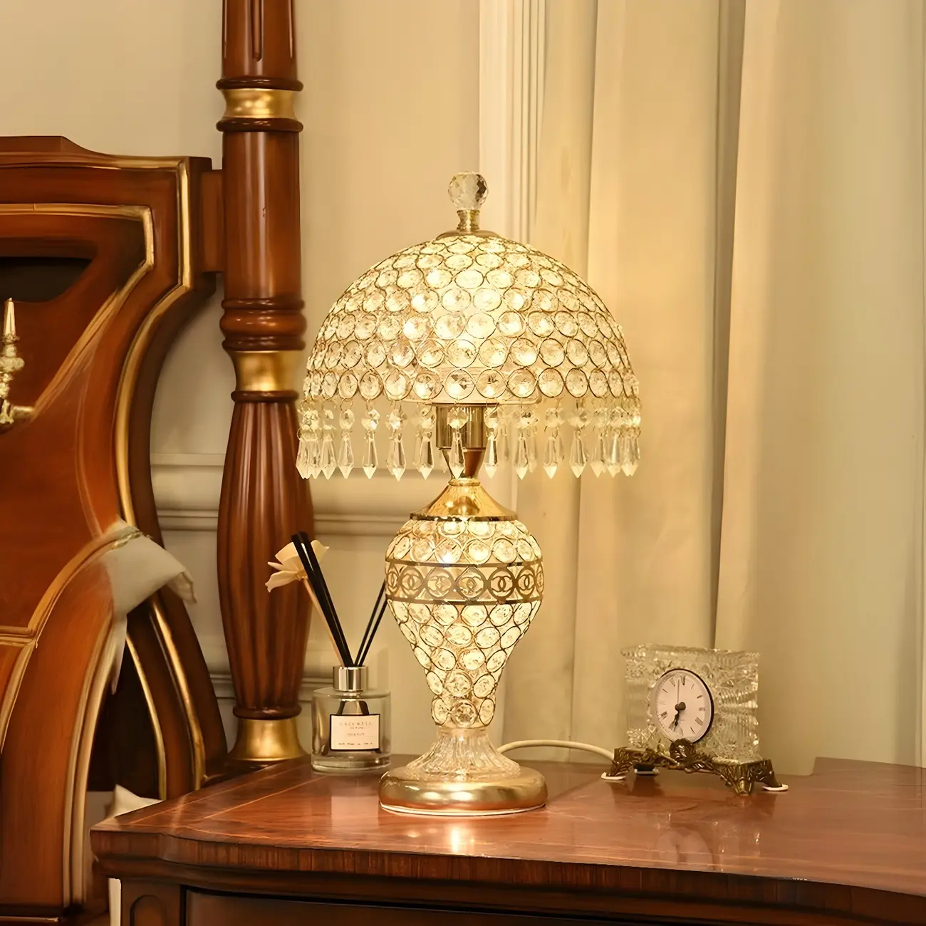 Traditional Luxurious Empire Gold Crystal Bedside Lamps